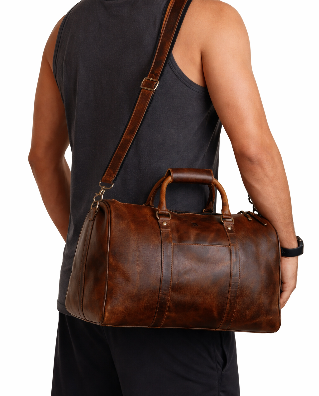 Gym Bag - Full Grain Genuine Hunter Brown Leather Bag