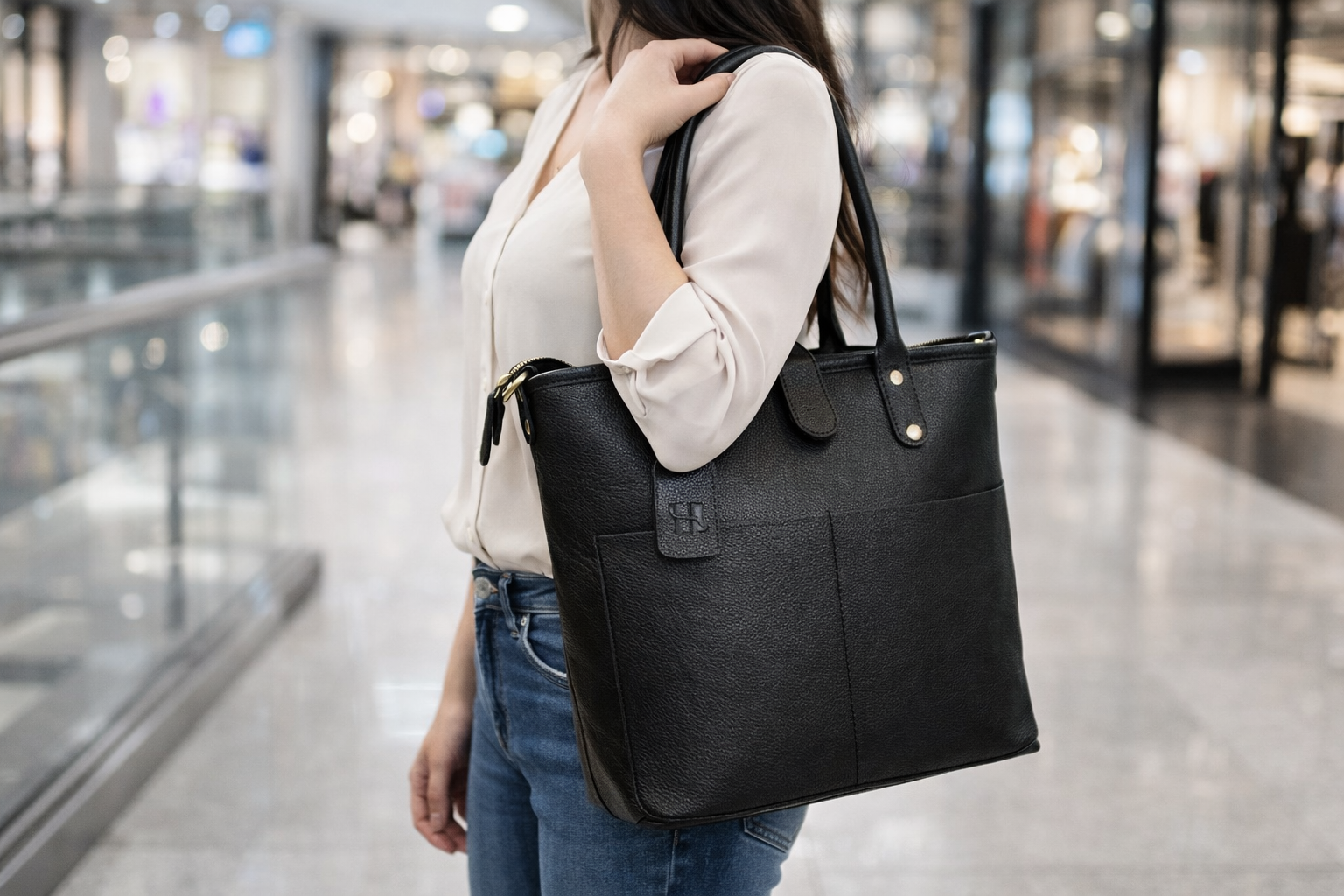 Classic Black Leather Tote Bag