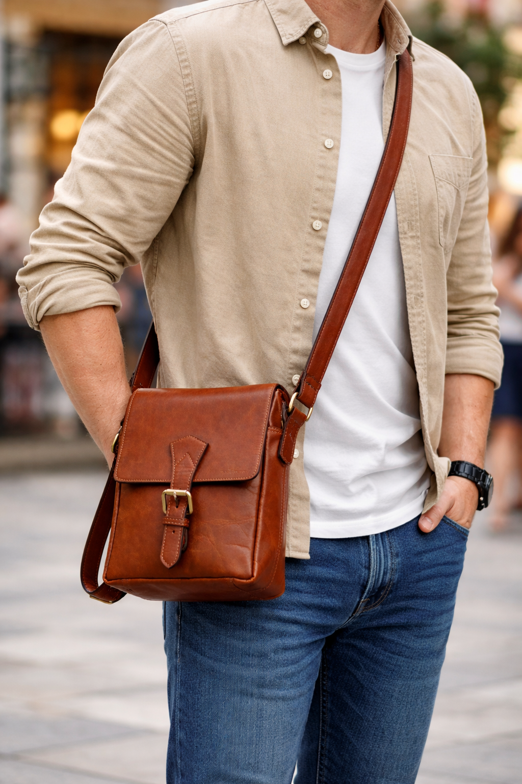 Cognac Tan Leather Crossbody Sling/Messenger Bag