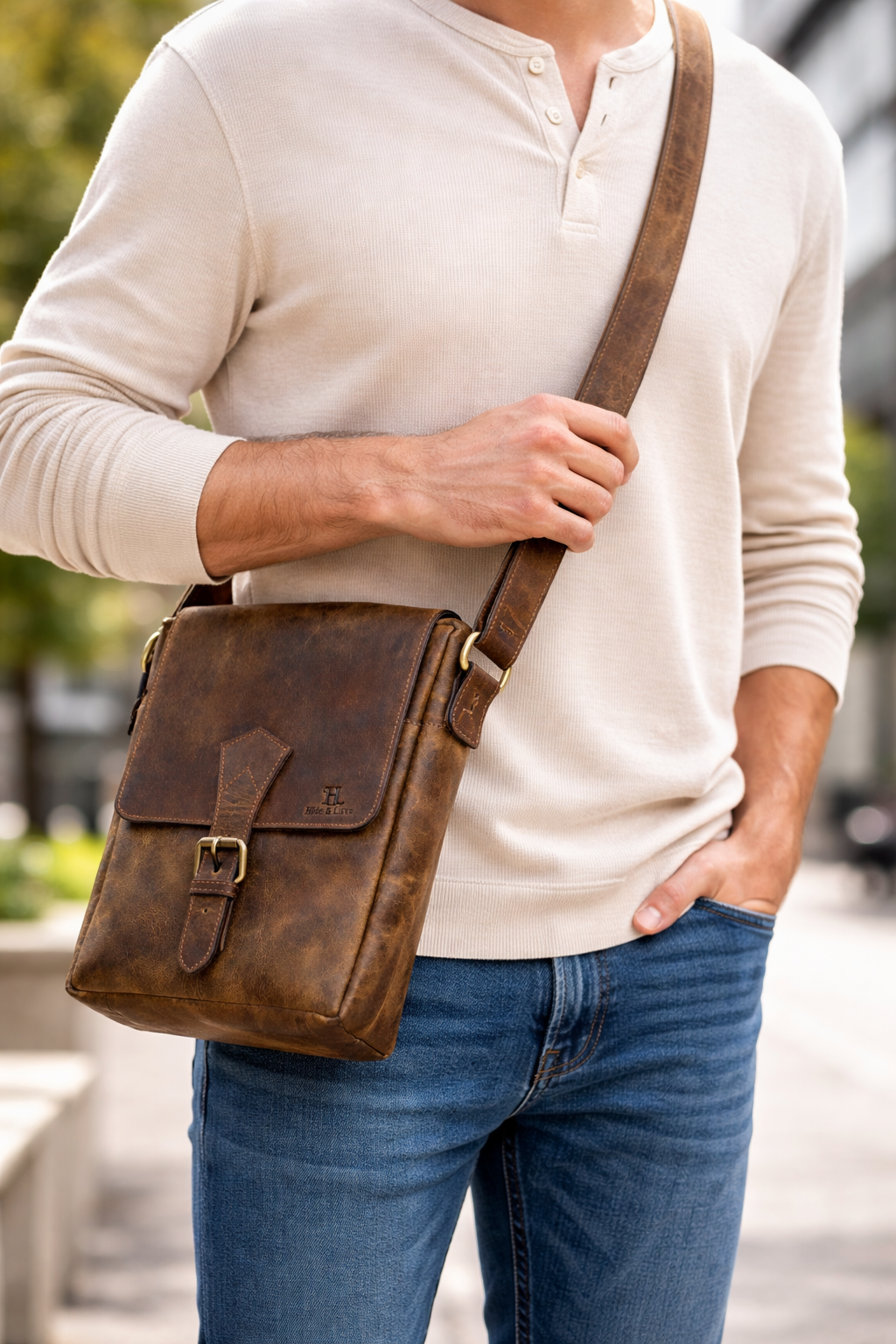 Hunter Brown Leather Crossbody Sling Bag