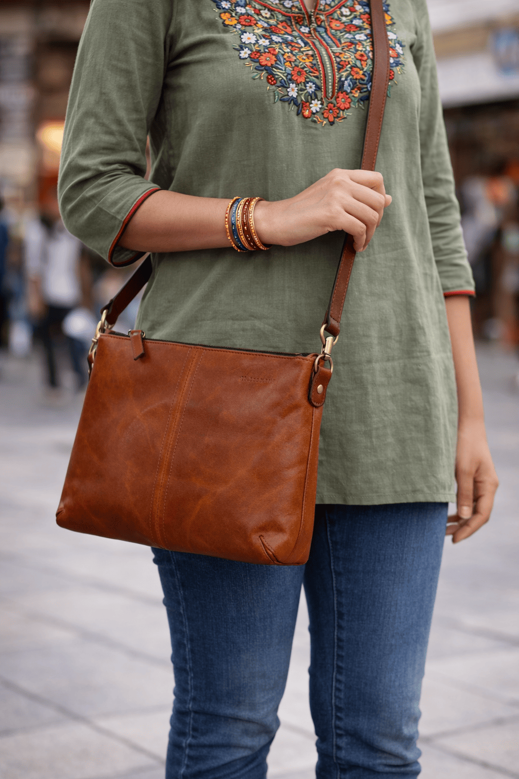 Classic Cognac Leather Crossbody Sling Bag